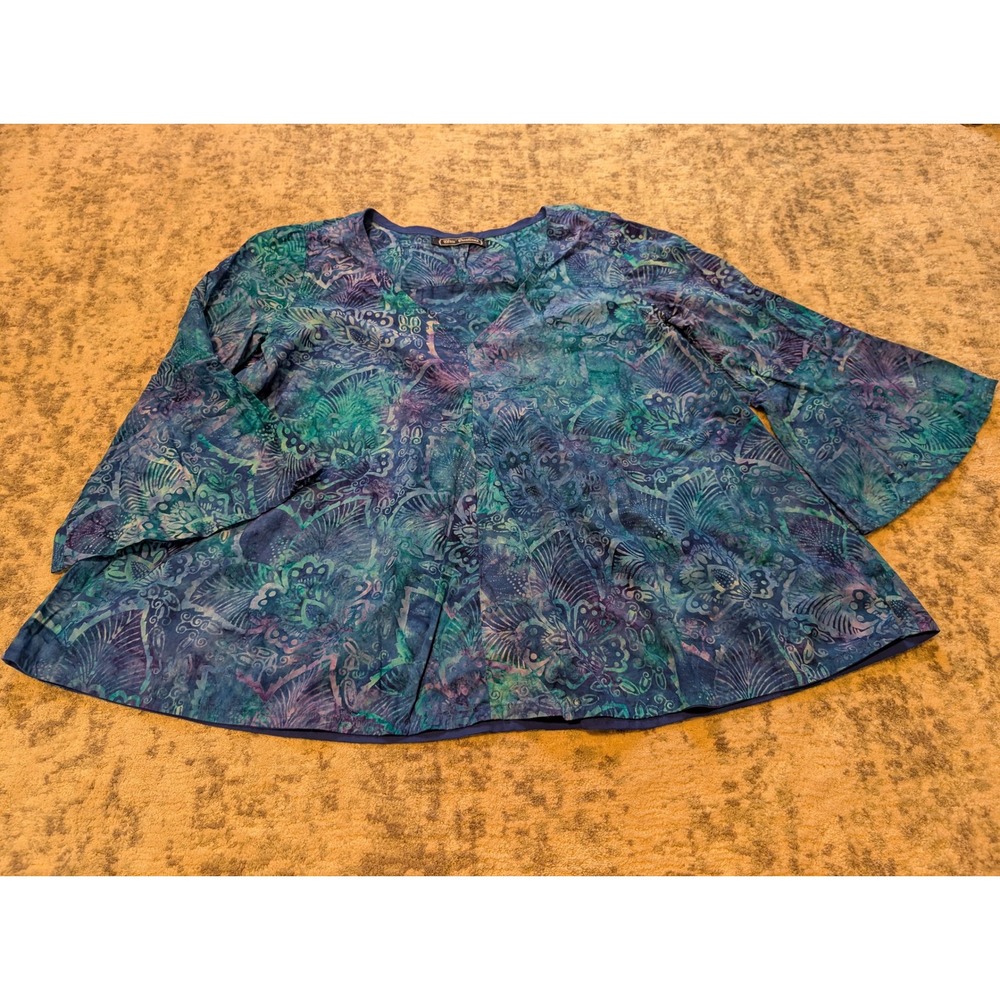 Chris' Creations Blue Purple Batik Print Flowy Top Blouse Artsy Colorful Women's
